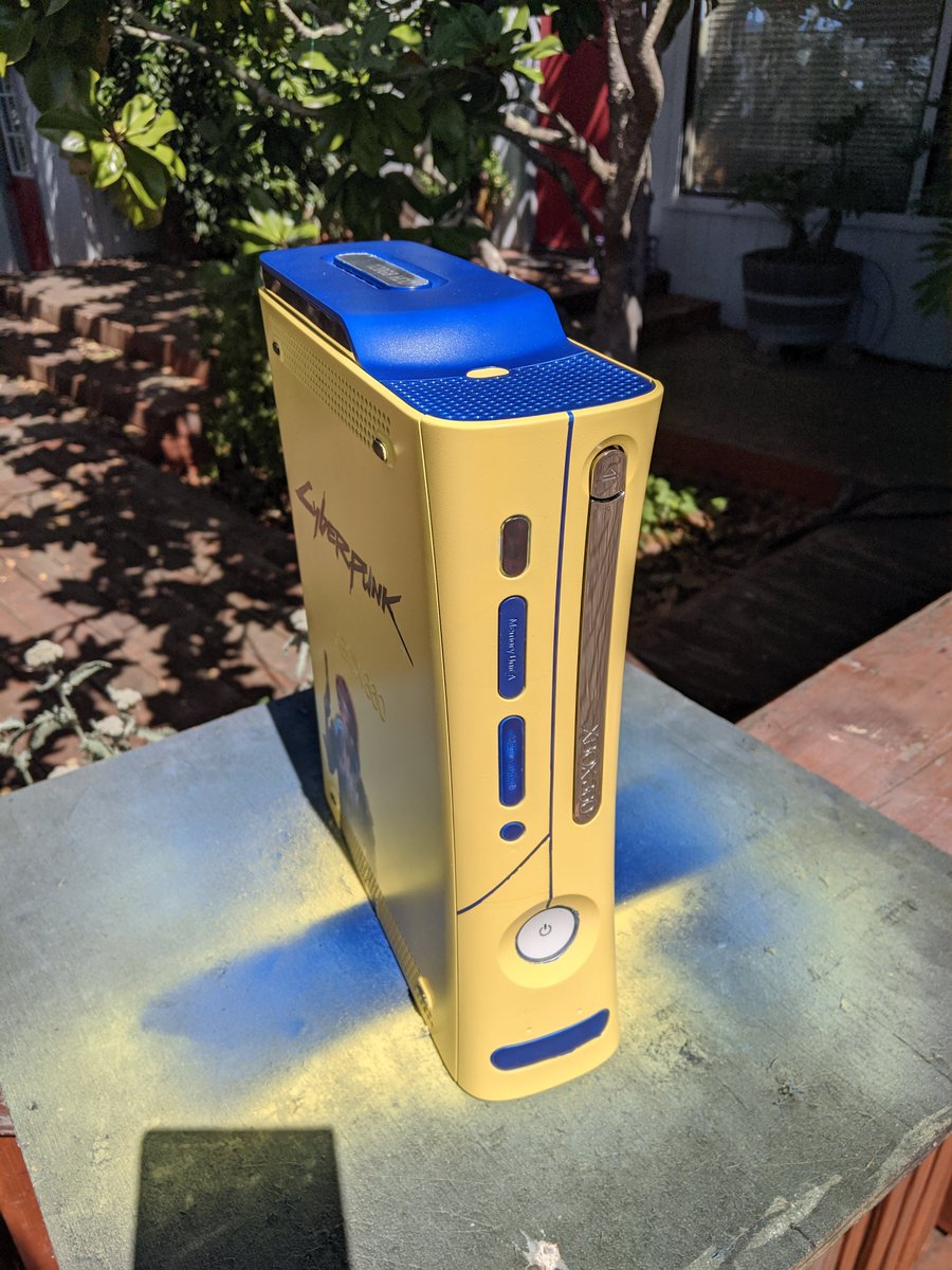 velinion's tweet photo. Since it's less than a month to #Cyberpunk2077 I thought I'd share my 2077 repaint of an old #XBox360 though this #xbox will never run the @CyberpunkGame of course. https://t.co/VC1lgRHodW