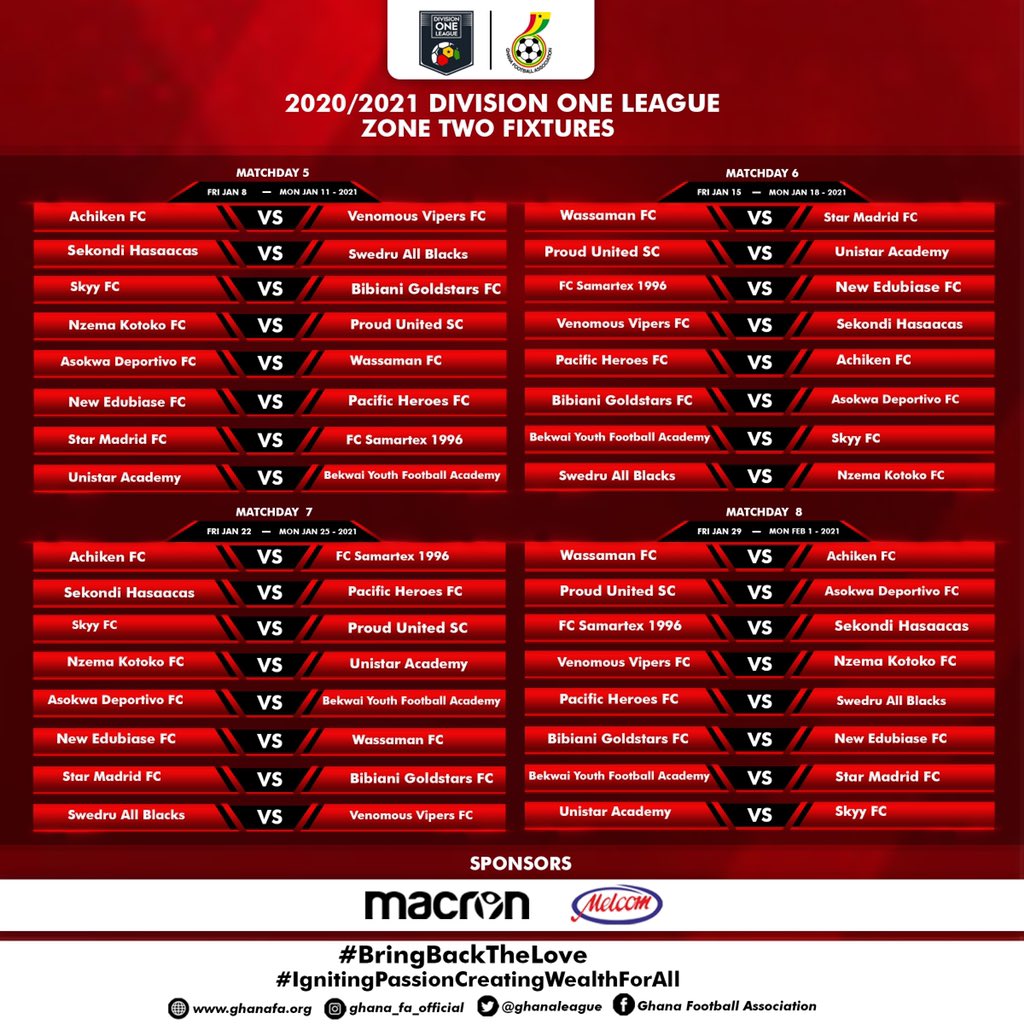 ghanafaofficial's tweet photo. 📌2020/21 Division One League Fixtures
ZONE TWO (Day 1-16)
#GHDOL
#BringBackTheLove https://t.co/sKKexJXwEQ