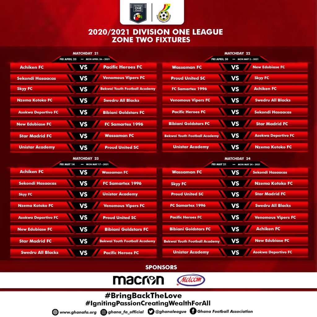 ghanafaofficial's tweet photo. 📌 2020/21 Division One League Fixtures
ZONE TWO -(Day 17-30)
#GHDOL
#BringBackTheLove https://t.co/28qoxgiHWH