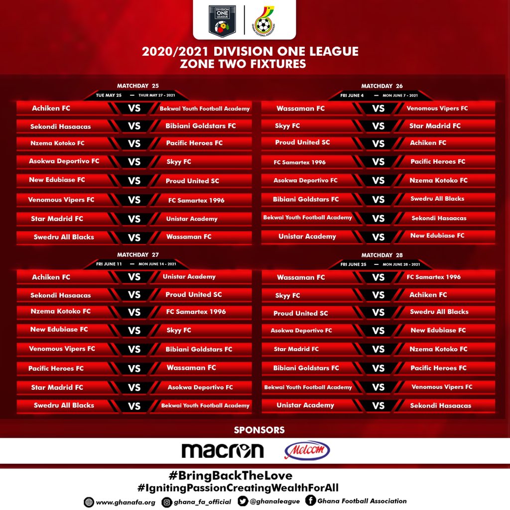 ghanafaofficial's tweet photo. 📌 2020/21 Division One League Fixtures
ZONE TWO -(Day 17-30)
#GHDOL
#BringBackTheLove https://t.co/28qoxgiHWH