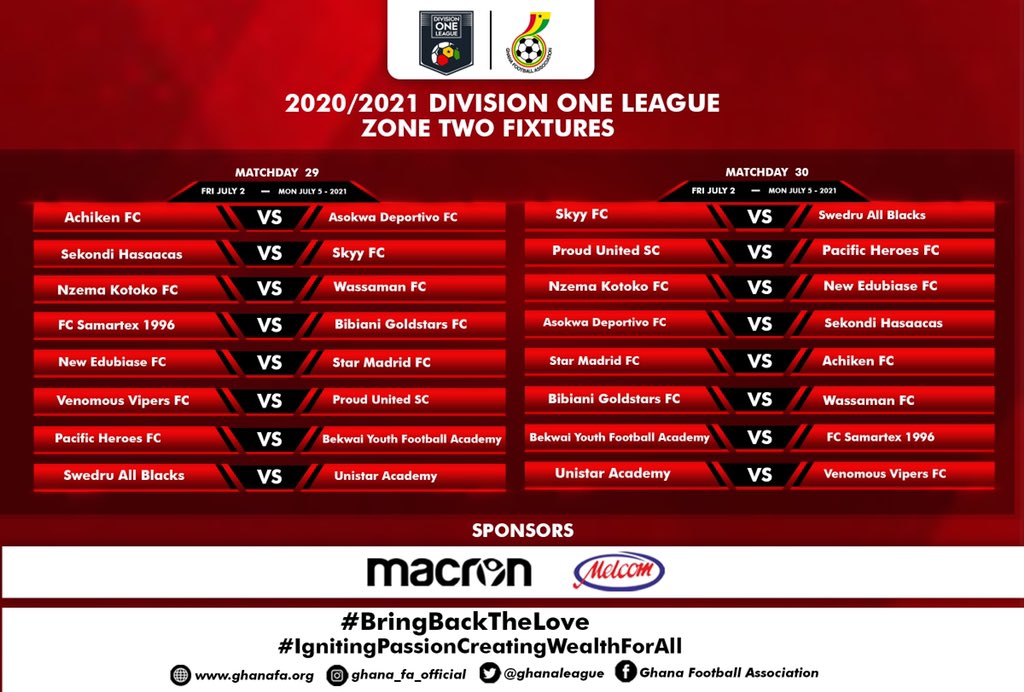 ghanafaofficial's tweet photo. 📌 2020/21 Division One League Fixtures
ZONE TWO -(Day 17-30)
#GHDOL
#BringBackTheLove https://t.co/28qoxgiHWH