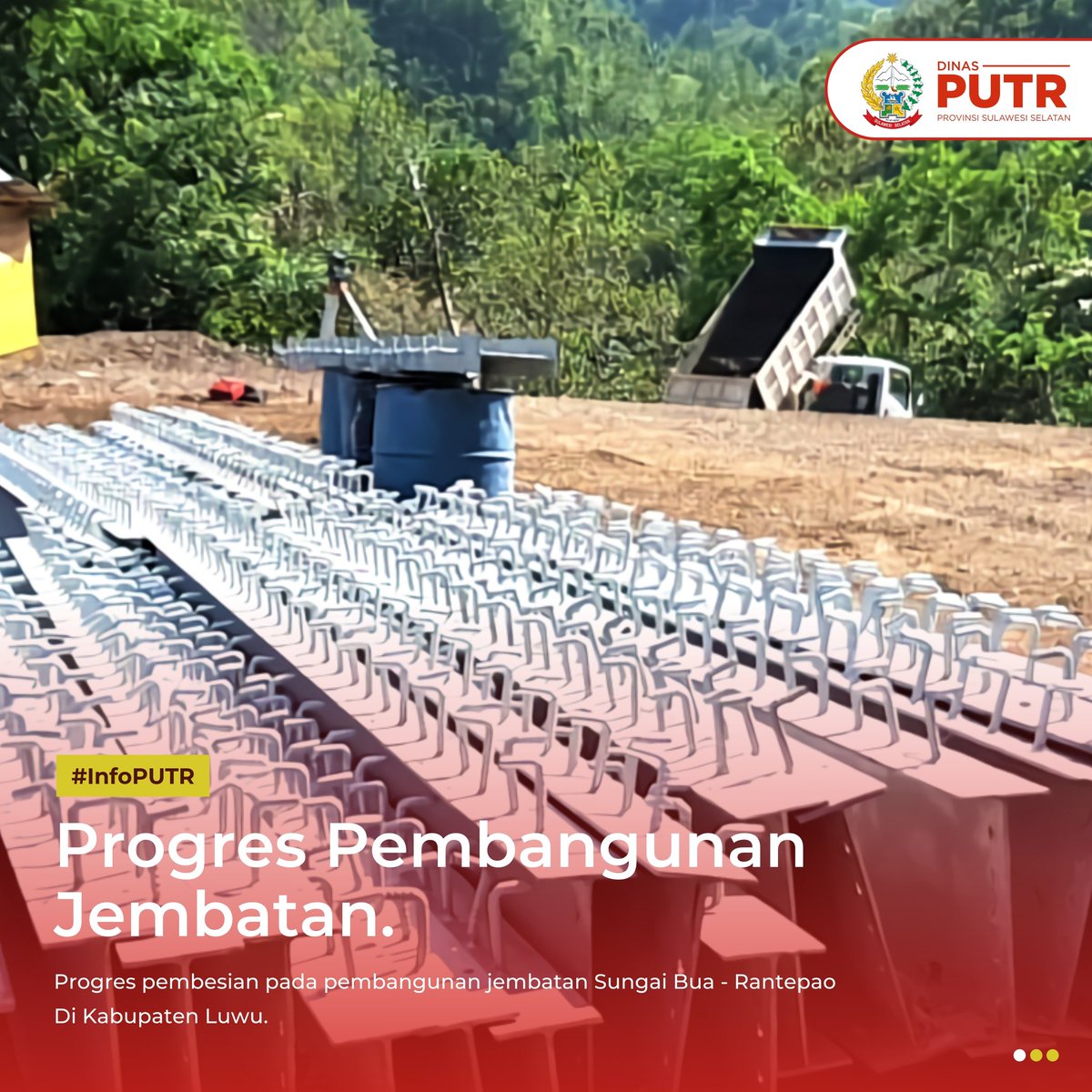 PUTRSULSELPROV's tweet photo. Progres pembesian pada pembangunan jembatan Sungai Bua - Rantepao Di Kabupaten Luwu.
#sulselprov #roadcare #putr https://t.co/hbWax373pe