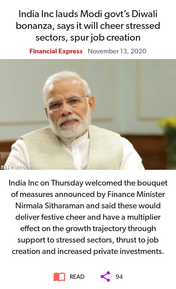 SetuveThe's tweet image. India Inc lauds Modi govt’s Diwali bonanza, says it will cheer stressed sectors, spur job creation
financialexpress.com/economy/india-…

via NaMo App