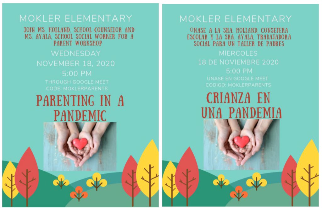 You are invited to join Mokler’s Counseling team for our Parenting During a Pandemic parent meeting in Wednesday, Nov. 18th at 5:00 pm.
