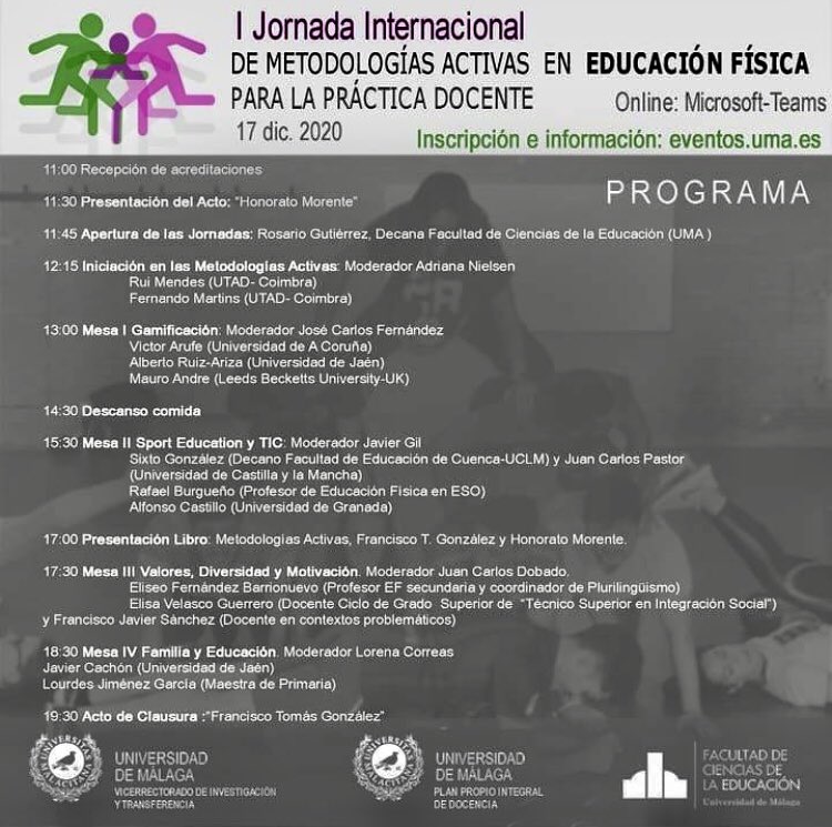 El próximo 17 diciembre tendremos una cita para aprender a implementar metodologías activas en #edufis

👩🏻‍💻Modalidad on-line

Jornadas coordinadas/emisión de certificados: Universidad de Málaga
🙏 por la invitación

Si quieres participar 👉🏻 + Información: eventos.uma.es/57483/section/…