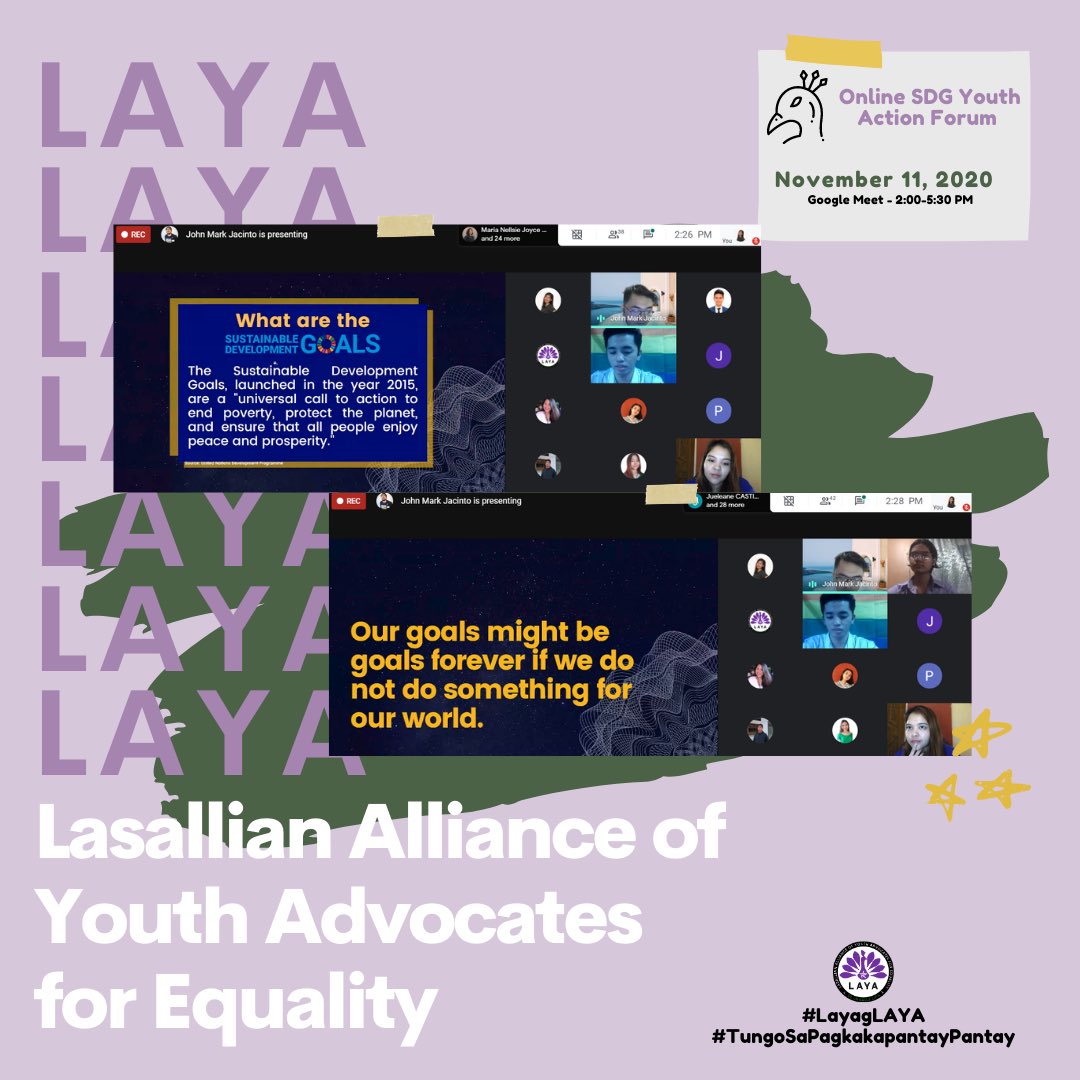 dlsl_laya's tweet photo. Last November 11, 2020, LAYA conducted an activity entitled Online SDG Youth Action Forum, curated especially for students and advocates.
EMBRACING DIVERSITY, CHAMPIONING GENDER EQUALITY
#LayagLAYA
#TungoSaPagkakapantayPantay
---
Layout Design by: Kamille Delos Reyes https://t.co/FF2Xs5PTKn