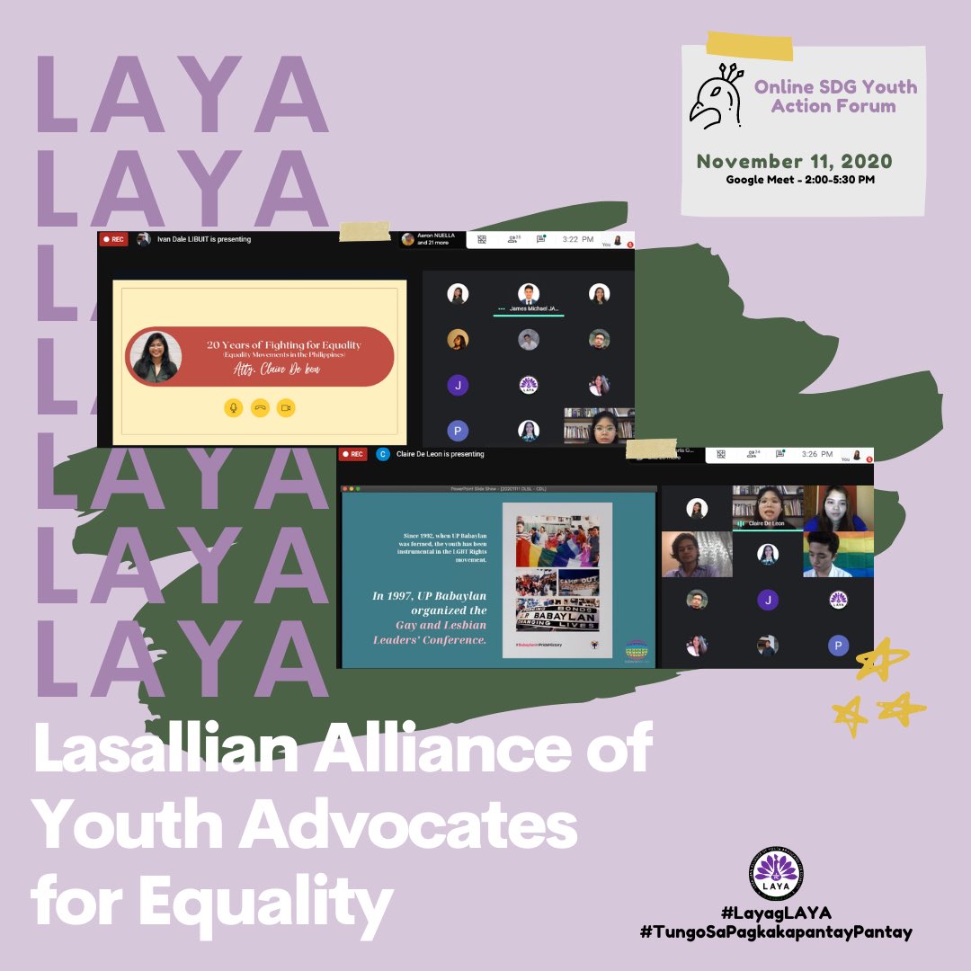dlsl_laya's tweet photo. Last November 11, 2020, LAYA conducted an activity entitled Online SDG Youth Action Forum, curated especially for students and advocates.
EMBRACING DIVERSITY, CHAMPIONING GENDER EQUALITY
#LayagLAYA
#TungoSaPagkakapantayPantay
---
Layout Design by: Kamille Delos Reyes https://t.co/FF2Xs5PTKn