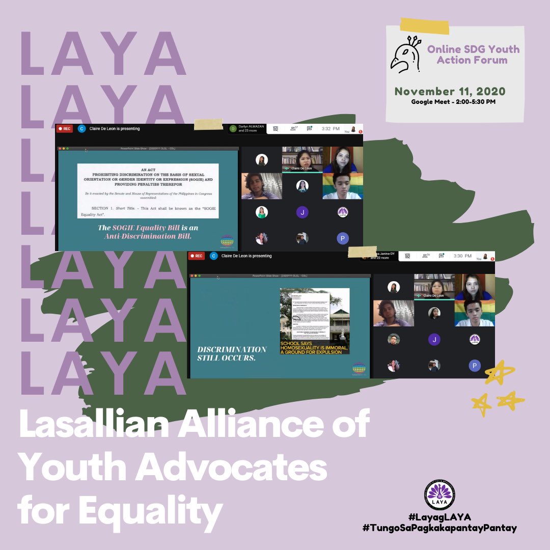 dlsl_laya's tweet photo. Last November 11, 2020, LAYA conducted an activity entitled Online SDG Youth Action Forum, curated especially for students and advocates.
EMBRACING DIVERSITY, CHAMPIONING GENDER EQUALITY
#LayagLAYA
#TungoSaPagkakapantayPantay
---
Layout Design by: Kamille Delos Reyes https://t.co/FF2Xs5PTKn