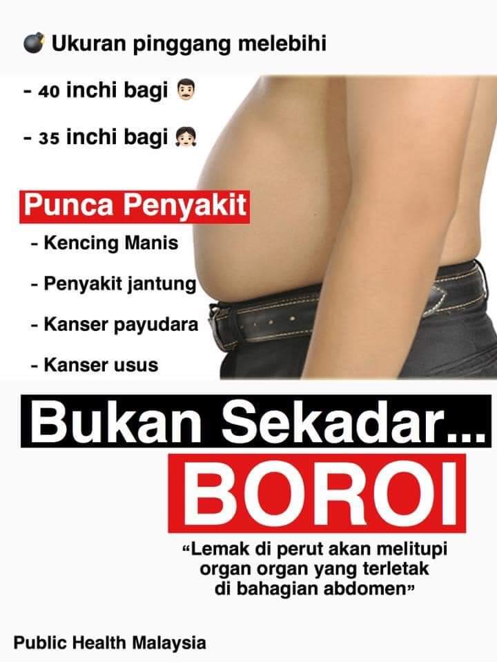 health_malaysia's tweet photo. [INFO] Bukan Sekadar Boroi

Sila ambil perhatian sekiranya anda memiliki: 

 ✅ Ukur lilitan pinggang melebihi 35 inchi bagi wanita
✅ Ukur lilitan pinggang melebihi 40 inchi bagi lelaki.

Ini adalah thread. https://t.co/oQUR9xuZWd