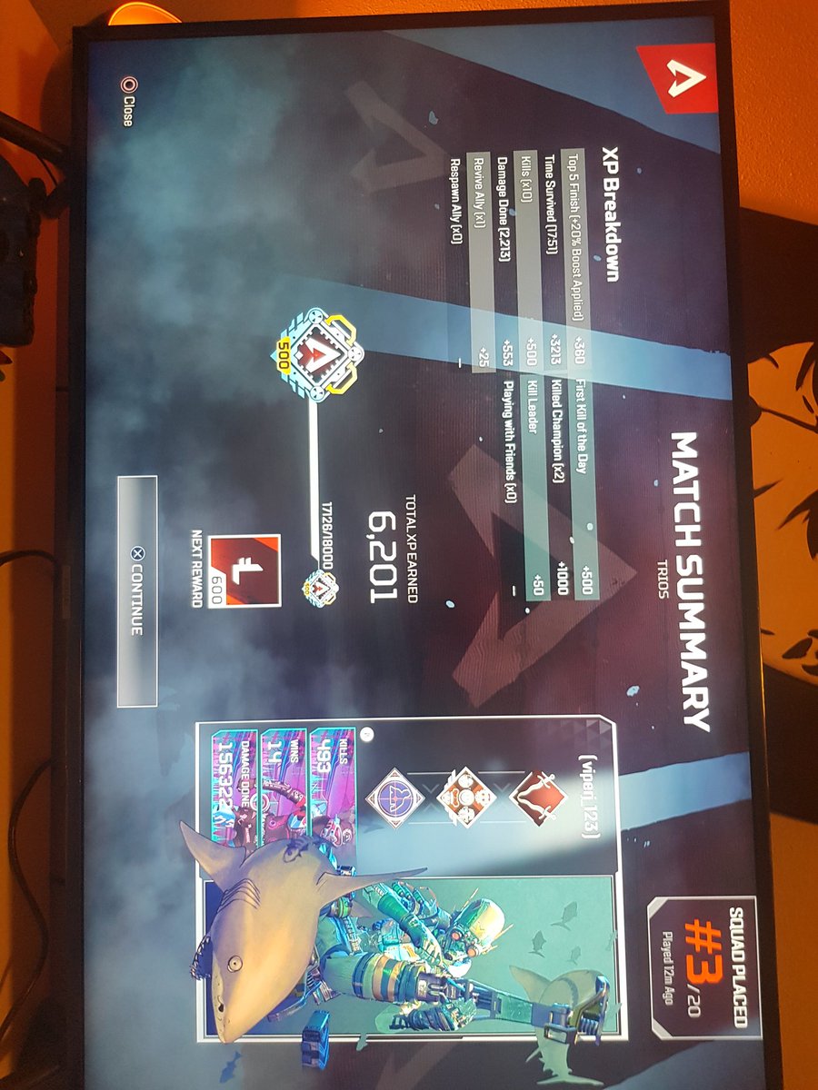 jkenyan's tweet photo. @PlayApex Was suppose to get my first 2k badge but didn't unlock? Also didn't count towards my Kdr or highest kill and highest damage stat for season 7? PS4 https://t.co/dpGQFXDh4W