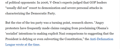 A nice time-series shows the increase in “demonization” started around 2006. What changed? WaPo, citing “research,” says it was around that time that the Tea Party started comparing Obama to the Nazis.