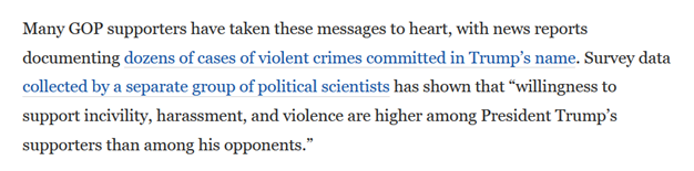 Around the same time, the GOP became “more willing to incite violence.” While empirical support of this claim is lacking, it is true, as WaPo claims, that some Trump supporters have committed acts of violence.