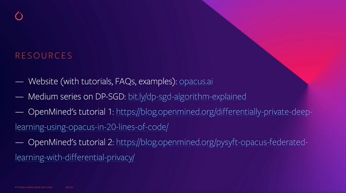 Thank you for the shout-out @Dark_tex at the **PyTorch Developer Day 2020** talk on Differential Privacy in PyTorch with Opacus. Wonderful talk ⭐️

business.facebook.com/pytorch/videos…

#pytorch #opacus #differentialprivacy #MachineLearning #ArtificialIntelligence #100DaysOfMLCode #openmined