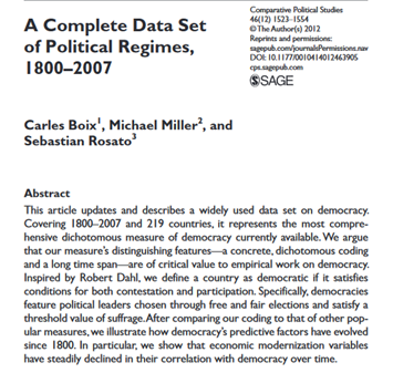 “Democracy” is not quantifiable because it’s a _value_. It’s the same as a “love” or “evilness” index.One measure is simply whether there are competitive elections. You can measure that, but is it the norm “democracy”? Can you measure who follows protean ideals?