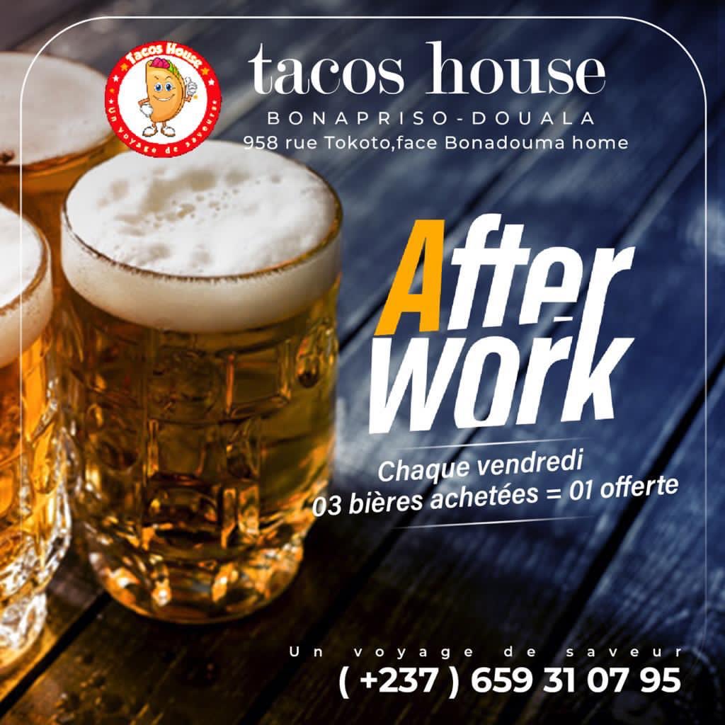 tacoshouse237's tweet photo. Que serait le vendredi soir sans After work et French Tacos 🌮 ? 

Rieeeeeen. Venez entre collègues profiter de notre offre: 3 bières achetés = 1 offerte 🍺🍺🍺  🍻 

Vous savez déjà que nous sommes ouverts à partir de midi et que nous livrons dans toute la ville de Douala 😋 https://t.co/05iqEk3bAk