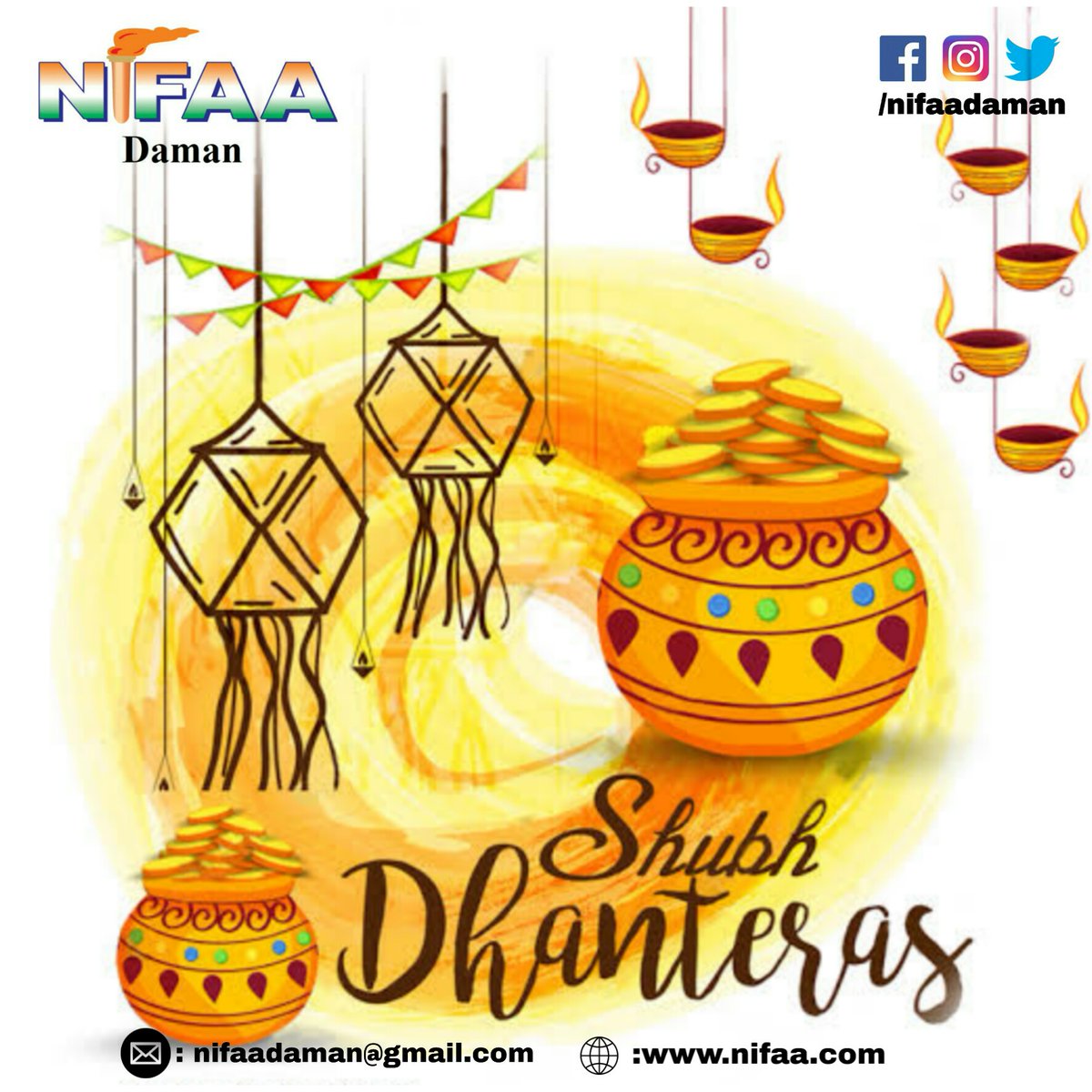 nifaadaman's tweet photo. Wishing you all a "Happy Dhanteras"! ✨🎊🎉

May this festive season brings joy and prosperity in all of your lives. 😇🙏

#happydhanteras #dhanteras #dhanteras2020 #diwali2020 #NIFAA #NifaaDaman #NIFAAnions https://t.co/r1XPg05HuD