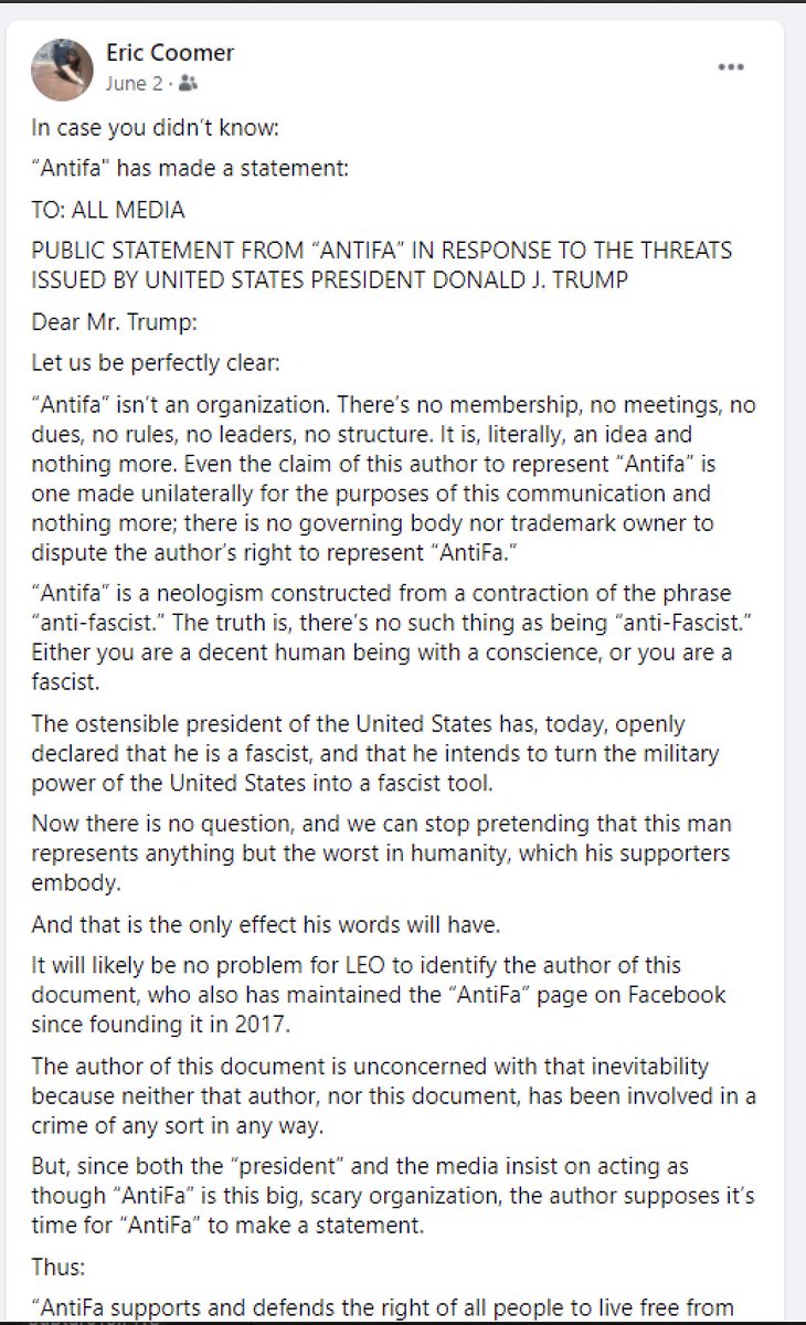 ConservativeTht's tweet photo. We now know that Antifa supporter Eric Coomer, who posted this Facebook attack on Pres. Trump in June, is head of Security &amp; Product Strategy at Dominion Voting Systems (#Dominion is trying to scrub Coomer’s connections). What NORMAL firm would hire a Marxist as head of Security? https://t.co/CPO3NDtyzh