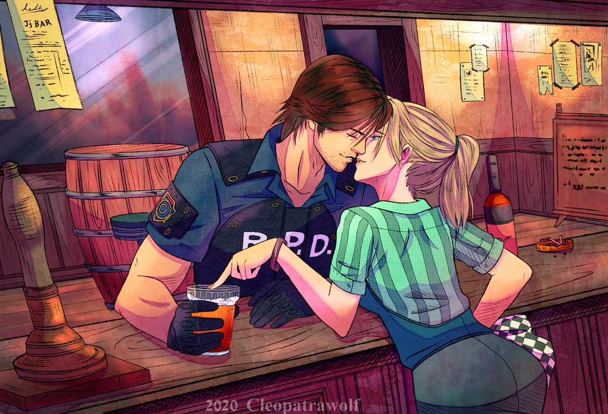 Kevin Ryman and Cindy Lennox from Resident Evil Outbreak. ~ After hours reality...or a drunken Kevin daydream?  (´｡• w •｡`)
#residentevil #residenteviloutbreak #outbreak #kiss #fanart #videogames #kevinryman #cindylennox #artwork #residentevilfanart #bar #beer #couple #ps2