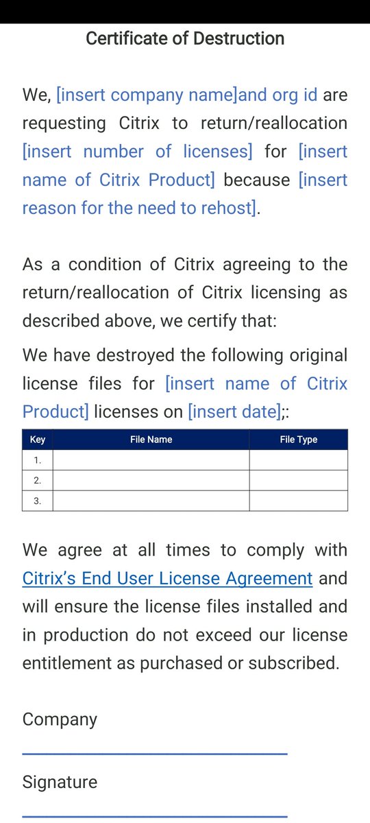 This is what i received from Citrix that then needs to get signed by C-Level of my customer to migrate 10 Licenses from Prod to our new Integration License Server. I do not comment this any further here. The case is open for 4 days now. This is not a improvement of the process!
