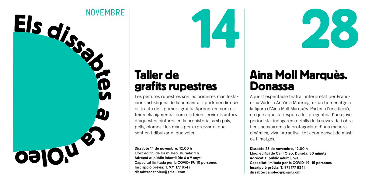 🖌️ 'Els Dissabtes a Ca n'Oleo' tornen demà amb un taller de grafits rupestres.

🗓️ Dissabte, 14 de novembre.
📍Ca n'Oleo (C/Almudaina, 4).
🕛 12 hores. 
📝 Inscripció: 971 177 834 i dissabtescanoleo@gmail.com

➡️ bit.ly/36pLFFt