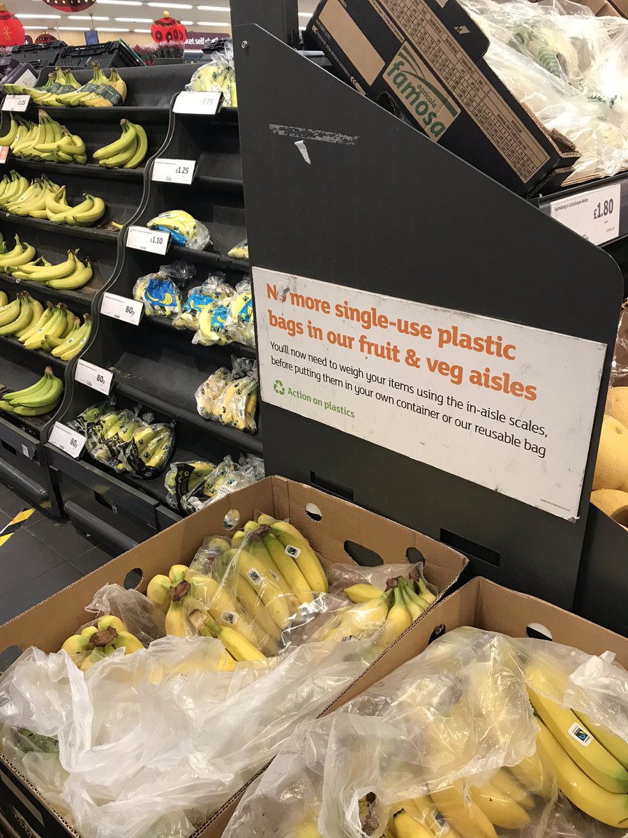 Alice_Writer's tweet photo. This sign might be over-stating things @sainsburys It’s great you’ve got rid of plastic bags for loose produce but from a quick look I’d say more than half your fruit &amp; veg is still wrapped in single use plastic. #singleuseplastic #actiononplastic #plasticfreeshopping https://t.co/0naPGwsi0C