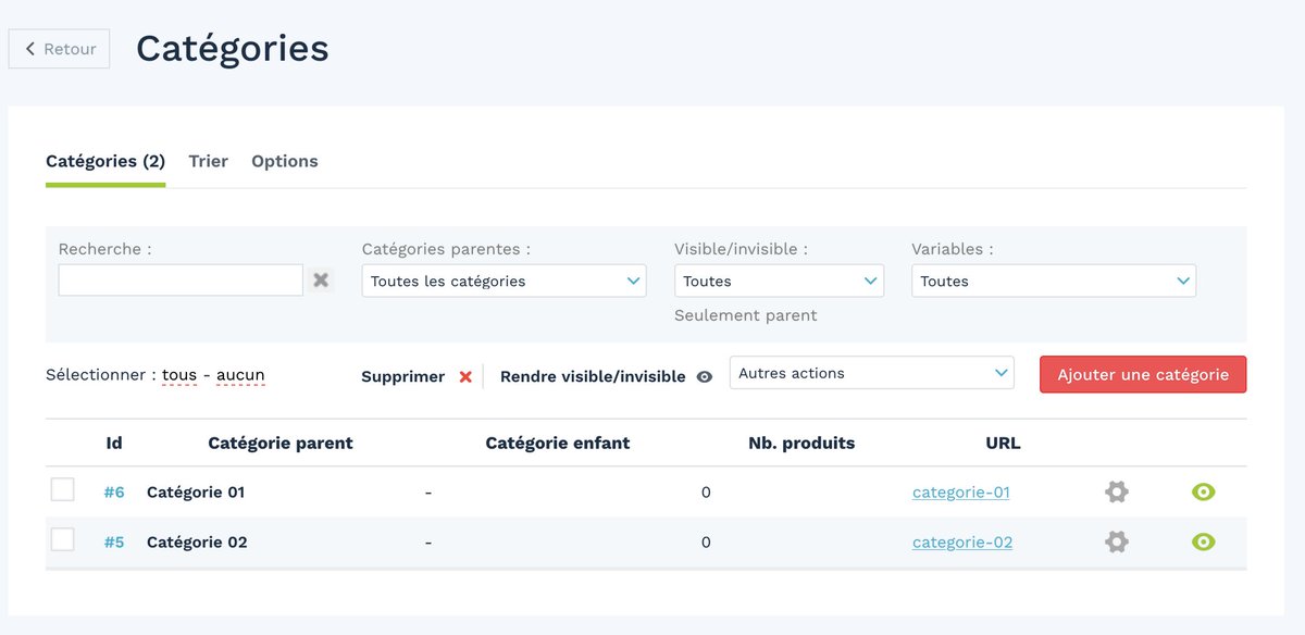Modifions les 2 existantes, y& #39;a même une icone pour afficher ou masquer la catégorie  #commerces   #digital   #wizishop
