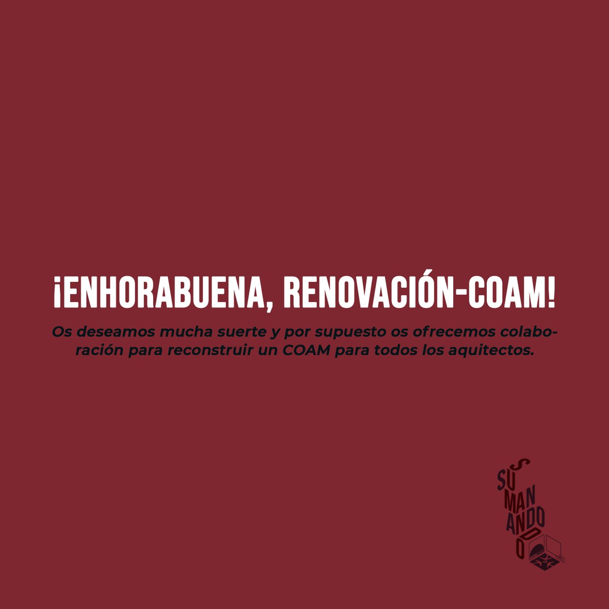 sumandocoam's tweet photo. Enhorabuena @renovacion_oc por la victoria en las elecciones a Junta de Gobierno del @COAMadrid https://t.co/NVVJPZ5qGc