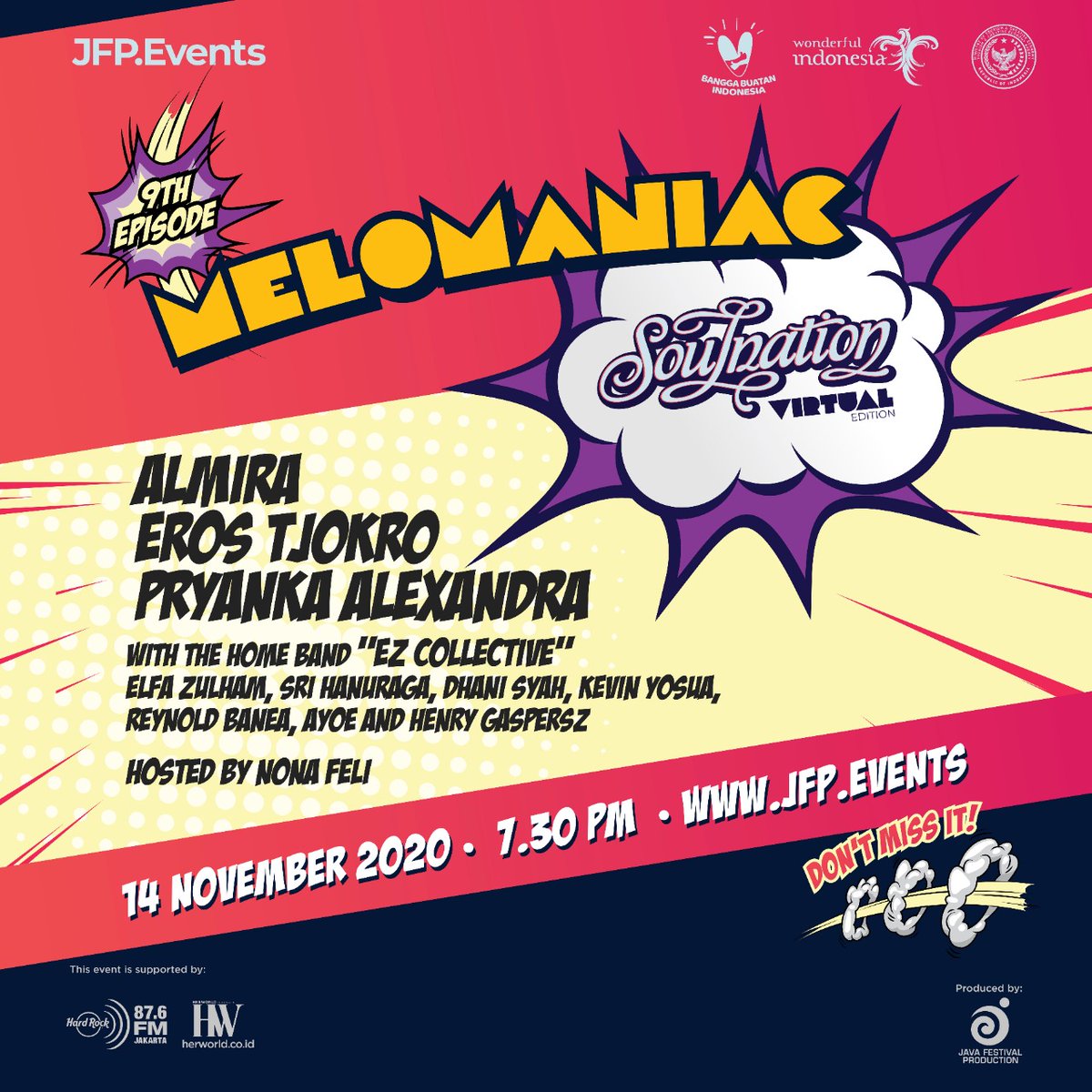Tomorrow for Melomaniac 9th Episode: Soulnation Virtual Edition will take your breath away with the performances of ALMIRA, Eros Tjokro, Pryanka Alexandra and EZ Collective! Get your tickets now at jfp.events!
#Melomaniac #JavaFestivalProduction #JFPEvents