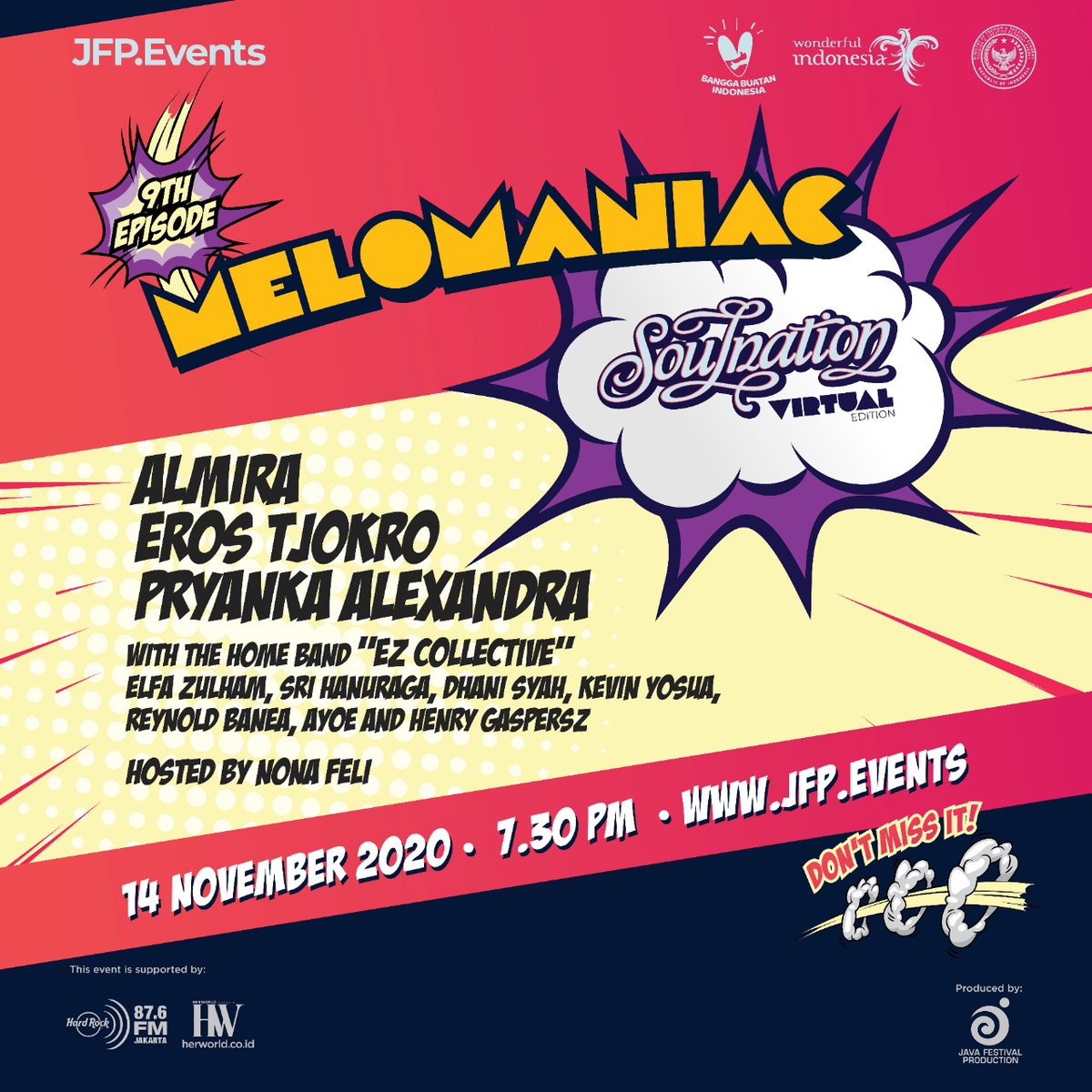 herworldID's tweet image. Tomorrow for Melomaniac 9th Episode: Soulnation Virtual Edition will take your breath away with the performances of ALMIRA, Eros Tjokro, Pryanka Alexandra and EZ Collective! Get your tickets now at jfp.events!
#Melomaniac #JavaFestivalProduction #JFPEvents