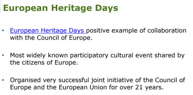MikkonenTuija's tweet photo. Anne Grady from the European Commission points out at the #CDCPP plenary that the #EuropeanHeritageDays is most widely known participatory cultural event shared by the citizens of Europe. It's a good example of collaboration with @EU_Commission and @coe. 👏
#culturalheritage https://t.co/SrUTVt3y18