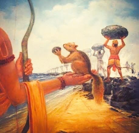 A Squirrel was also picking up little pebbles in her mouth and putting it alongside the boulders. A monkey saw and started making fun of her & told her to stay away as she'll die under the boulder. The squirrel was in tears and hurt. Lord Rama saw this and came near the squirrel.