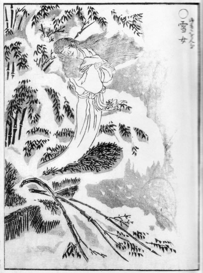 amongst the barren woods of her hunting grounds. She either wears a pale kimono - done up in a non-traditional right over left, which is how you can tell she’s not a living woman - or appears naked, leaves no footprints and can turn into a mist or a snow flurry if threatened.