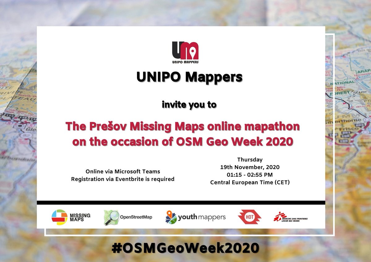 unipo_mappers's tweet image. Hello, everyone 👋. We are back with another great event. On the occasion of #OSMGeoWeek2020, we are organizing @TheMissingMaps online #mapathon.
  📌 You are all kindly welcomed
📌  Link on registration is below
@youthmappers @hotosm @MSF_czech @openstreetmap #UNIPOmappers