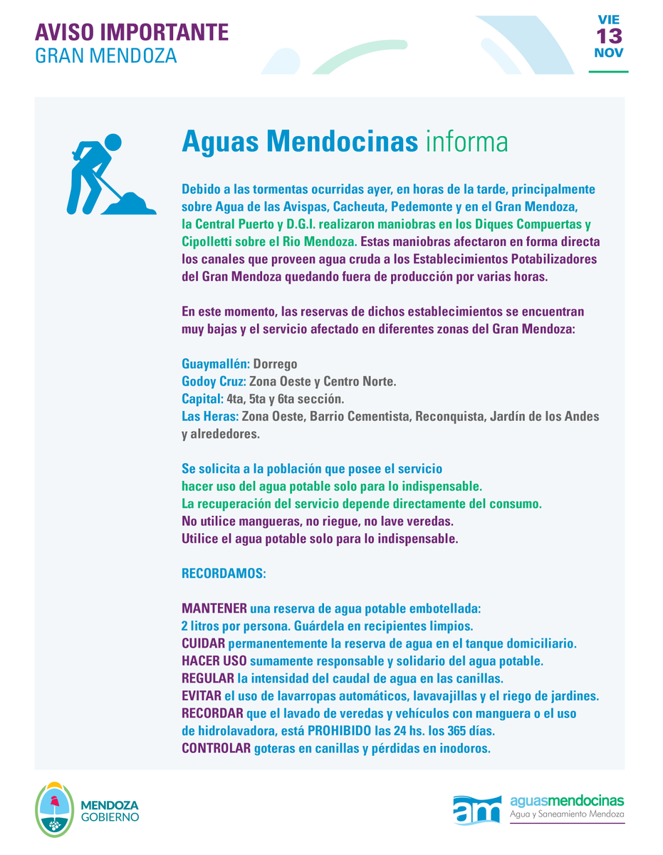 AguasMendocinas's tweet photo. ⚠ ATENCIÓN #GRANMENDOZA falta de #AguaPotable
Se solicita a la población, que cuenta con el servicio de agua potable, hacer uso solamente para lo indispensable. https://t.co/C9lDGWfLqB