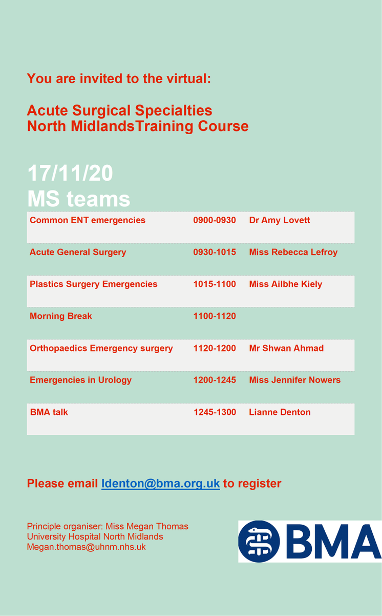 liannedenton's tweet photo. F1s/2s in the West Midlands - have you signed up for the virtual Acute Surgical Specialities event on Tues 17th Nov? Email ldenton@bma.org.uk if you'd like to attend this morning of talks from local surgical experts.. https://t.co/A63gUKwg3i