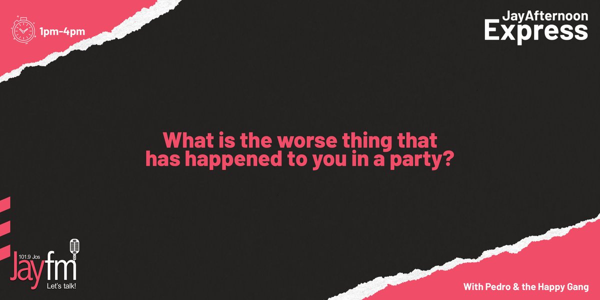 jayfmjos's tweet photo. Yaay!!! Another #FreakyFlyFriyaay is upon us. It's about time for #JayAfternoonExpress with Pedro and the Happy Gang, get ready for pure vibes with banging hits!
Tell us:
What's the worse thing that has happened to you in a party?
Stream: https://t.co/t7Dx5dYpcV
#LetsTalk https://t.co/ctYtei4F7d