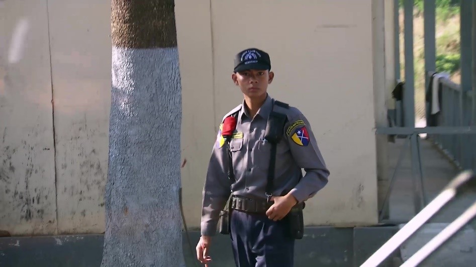 The work at Yangon Airport took place under the eye of the members of the Yangon Airport Police Battalion. [Room 608 Productions]. #BuriedInBurma