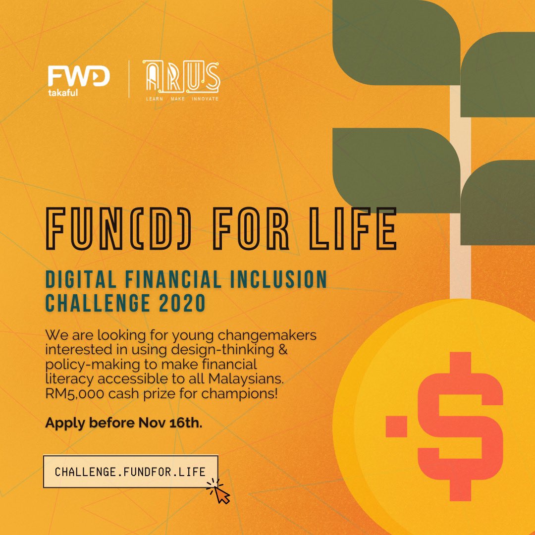 UNDI18MY's tweet photo. .@ArusAcademy is looking for eager young Malaysians who are passionate about creating innovative solutions towards empowering the B40 community through financial inclusion!

Apply before Nov 16th at https://t.co/46cyEfGKRL

#FundForLife #DigitalFinancialInclusionChallenge https://t.co/xfF96oSI2h