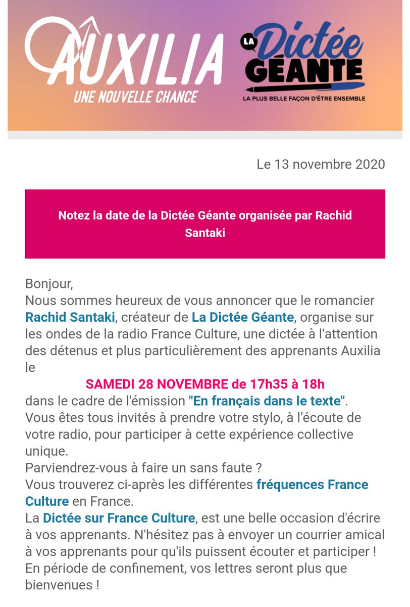 fairefle2ttbois's tweet photo. @Laelia_Ve cela intéressera peut-être vos apprenants
@GenepiFrance @Lireprensortir ça peut être un défi pour certains de vos bénéficiaires

-> une dictée à l'attention des détenus organisée conjointement par @franceculture @rachidsantaki @AssoAuxilia_FR
 https://t.co/EPd6vtL5Uo https://t.co/2VzsErvqgd