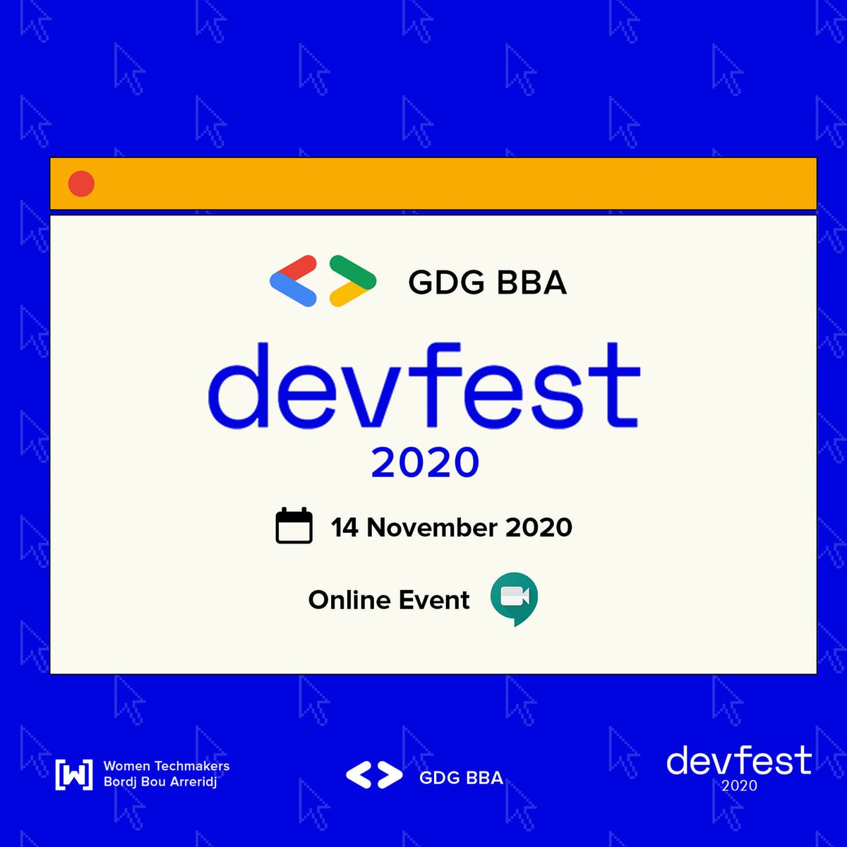 مرحبا بكم  في  #DevFest20
إذا كنت شغوفًا بالتكنولوجيا فهذه هي الفرصة المثالية للانضمام الينا في اكبر حدث اونلاين DevFest 🔍
🗓 : 14 نوفمبر 2020
رابط الانضمام للحدث ⤵️⤵️
meet.google.com/vfk-eixg-nqe
#GDG_BBA
#GDG #BBA #Devfest #Devfest20 #GoogleDevelopersGroup #Devfest2020