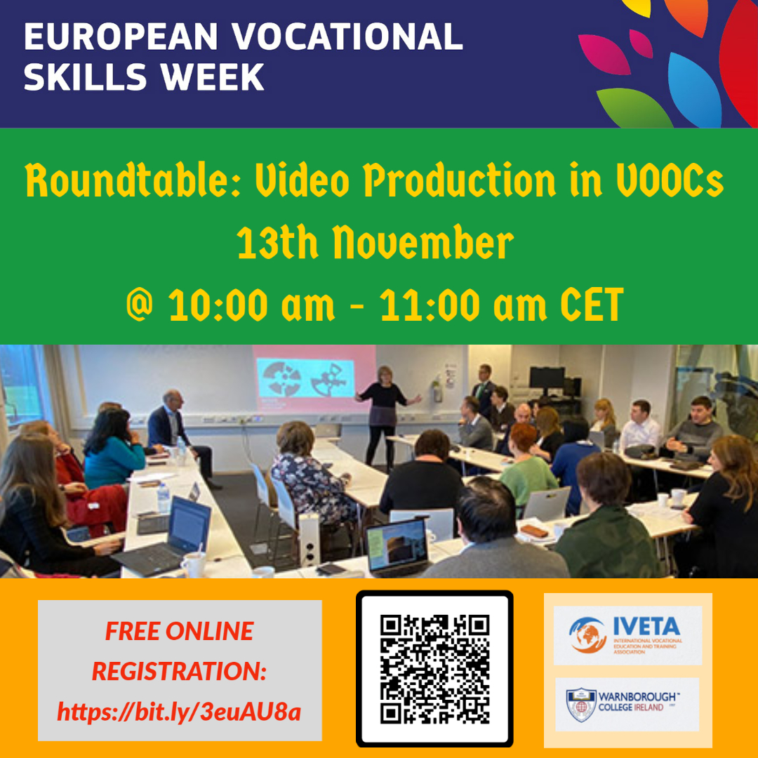 Warnborough's tweet photo. Starting Soon!!!
The #EVSW2020 Closing Webinar!!
Roundtable: Video Production in VOOCs
13th November
@ 10:00 am - 11:00 am CET
FREE ONLINE REGISTRATION
#ivetaeurope #IVETAEU #WarnboroughCollege #education #freewebinar #skills #evsw #evsweek2020 #video #roundtable #discussion https://t.co/8wPmMoP6sr