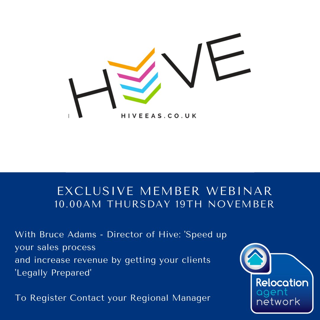RelocationAgent's tweet photo. EXCLUSIVE RAN WEBINAR

Speed up your sales process and increase revenue by getting your clients 'Legally Prepared' with  Bruce Adams, Director of @HiveEAS and Ben Smith, Director of @MilesandBarr 

10am Thursday 19th November

#TrustedandApproved #ExclusiveWebinar #LocalExperts https://t.co/aMD7yx0FrZ