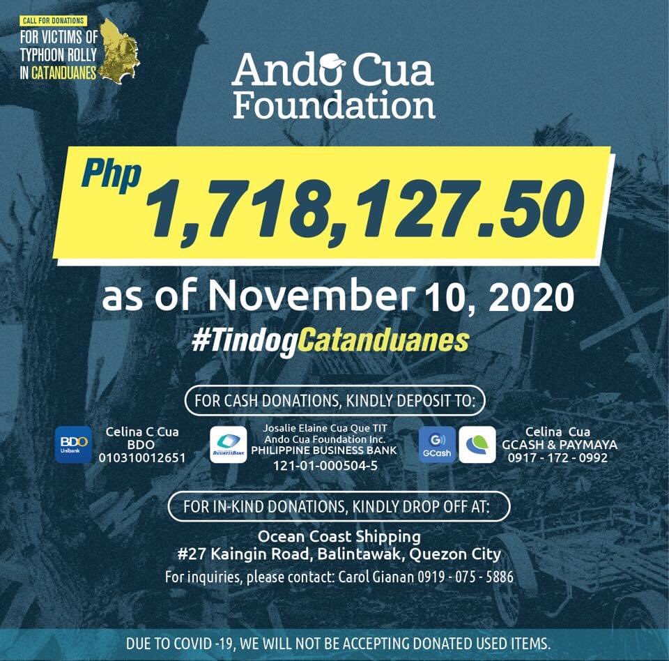 AndoFoundation's tweet photo. We have reached more than one and a half million as of November 10 evening for #RollyPH fund raising! These are utilized for the ongoing relief goods operation and for the upcoming #BalikBahayProject of Ando Foundation.

Marami pa ang nangangailangan nang ating tulong. Mabalos! https://t.co/nKeFf31NfA