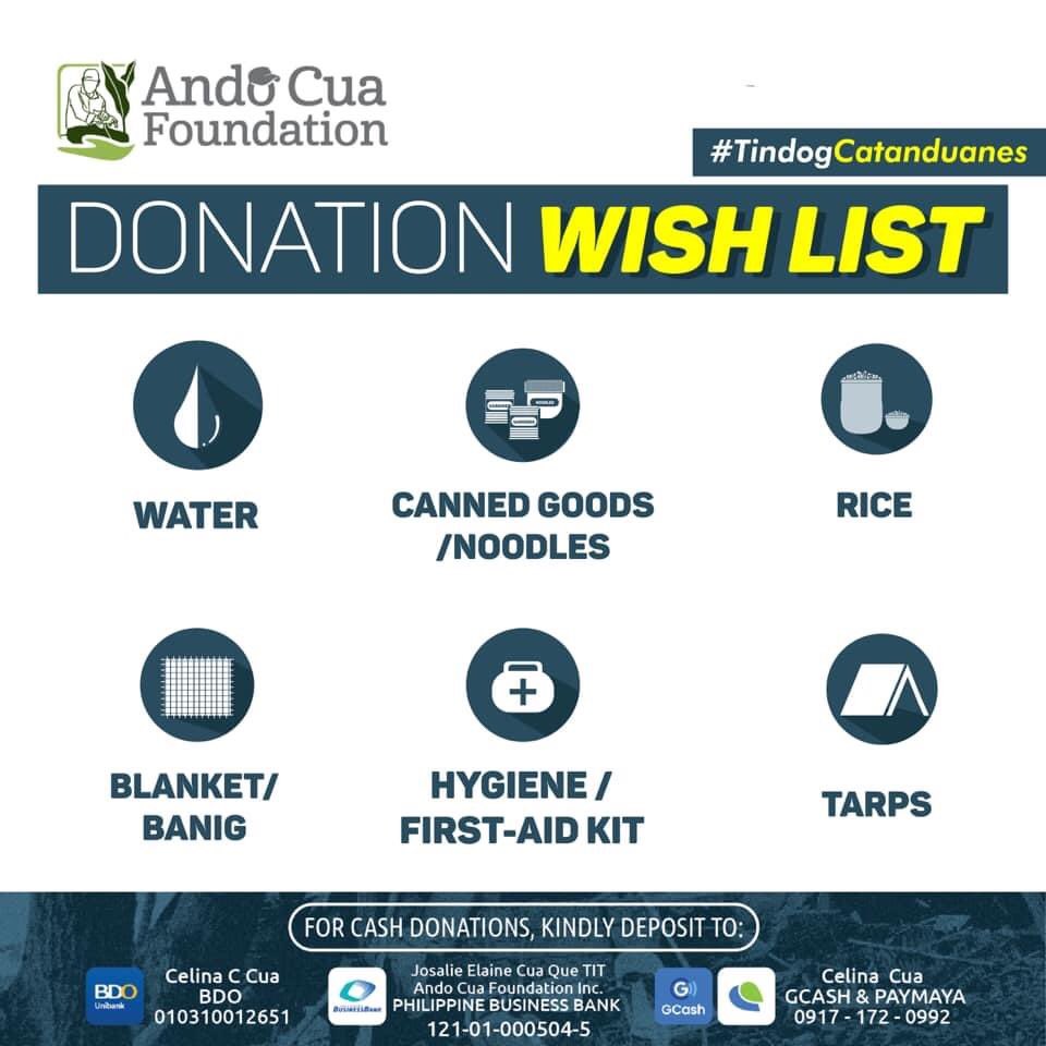 AndoFoundation's tweet photo. Hindi pa naka recover mula sa #RollyPH ang southern part ng isla, humagupit naman agad si #UlyssesPH sa norte ng Catanduanes. 

With this, a lot more Catandunganons will be needing our help. For those who wish to send donations in kind, these are the urgently needed relief items. https://t.co/SgN7aFPXOr