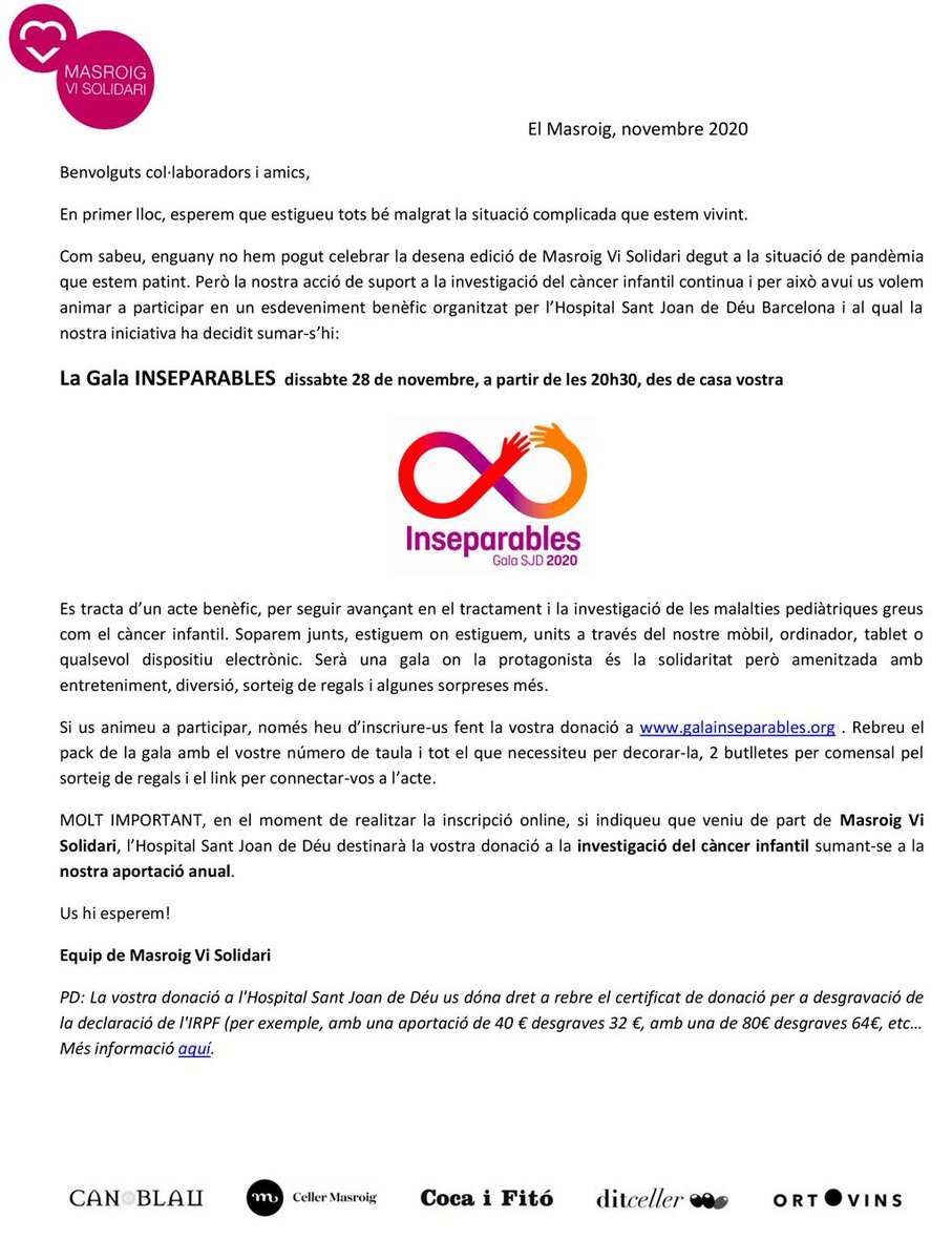 MasroigSolidari's tweet photo. Participem-hi!!
La gala INSEPARABLES
📆28 novembre
🕢20.30h, des de casa (indiqueu que veniu de part de Masroig Vi Solidari)

@SJDbarcelona_es 
#CanBlau @CellerMasroig @cocaifito #DitCeller #OrtoVins https://t.co/kE1KQSLoKg