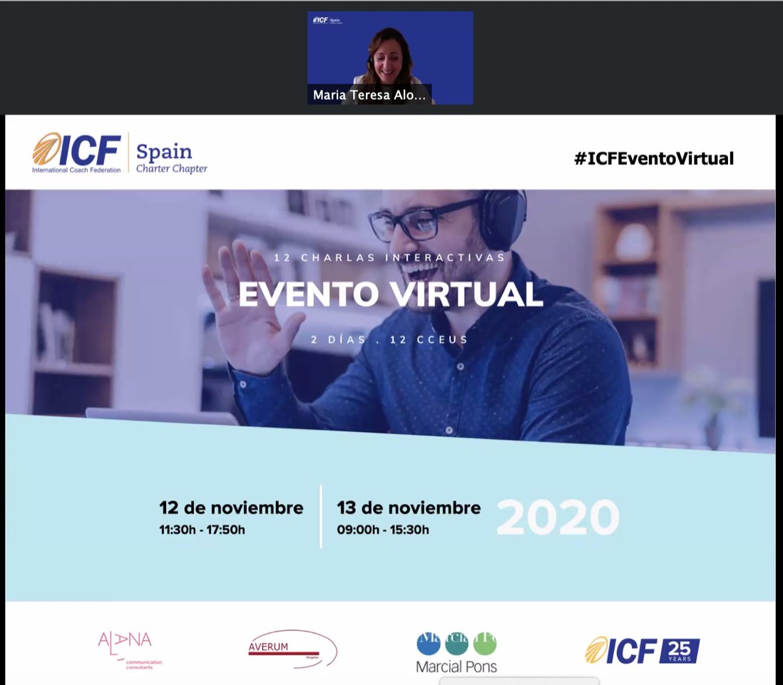Comienza nuestro 2º intensivo de charlas interactivas #ICFEventoVirtual con la presentación de <a href="/mta_lead_go/">M Teresa Alonso Jaen</a>, secretaria general <a href="/ICFEspana/">ICF España</a> a <a href="/tiscarmascaraqu/">Tíscar Mascaraque👩🏻‍💻</a> sabiendo q en la situación de nueva normalidad q tenemos, como coaches, es esencial que nos reinventemos. #coaching #rrhh