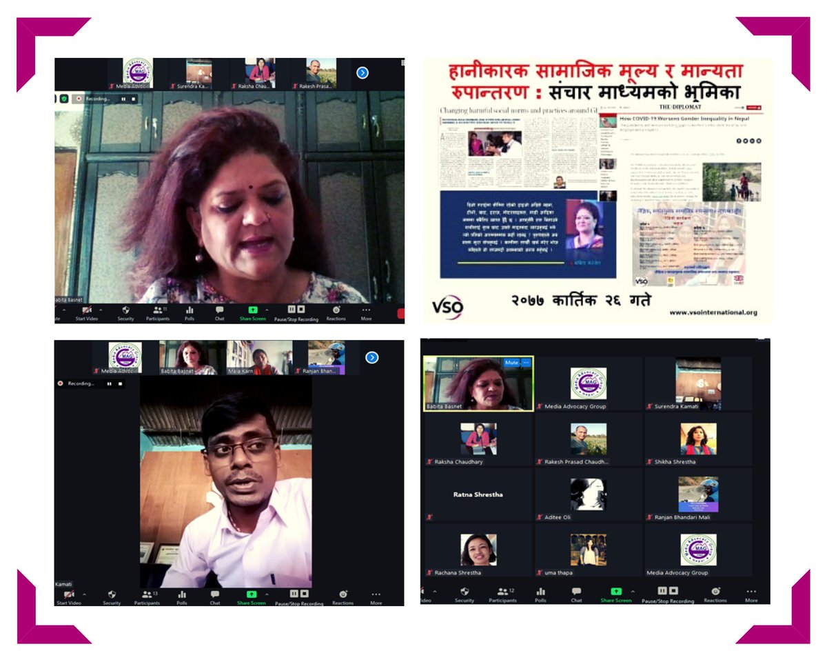 VSONepal's tweet photo. A two days online training organized with the journalist from Province 2 which aimed to examine and educate the media's role in changing harmful social norms and practices around the GBV.
#VSO #VSONepal #SAHAJ #FCDO #IPSSJ #MediaAdvocacyGroup #GBV #SocialNorms #Media #Journalist https://t.co/1zRcSkSJII