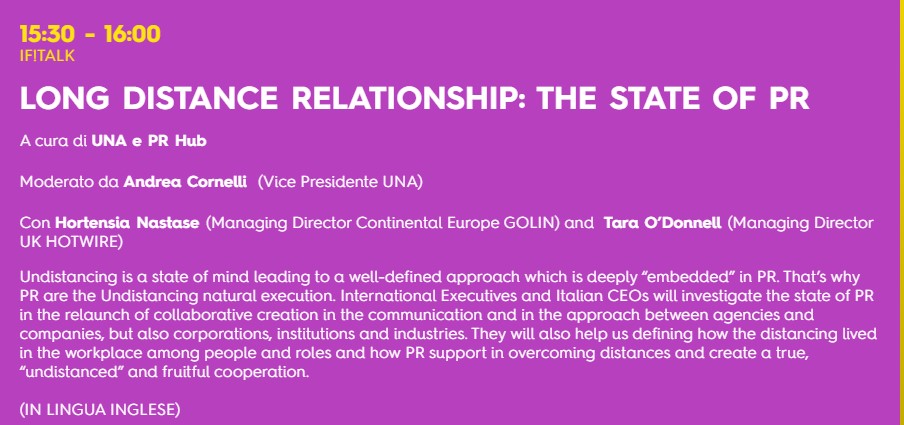 Oggi #13Novembre h. 15.30 UNA e <a href="/PRHub_IT/">PRHub_IT</a> presentano IF!Talk "LONG DISTANCE RELATIONSHIP: THE STATE OF PR" Iscriviti su italiansfestival.it/live/ <a href="/IFItaliansFest/">IF! ItaliansFestival</a> #IF20 #UNDISTANCING #ItaliansFestival