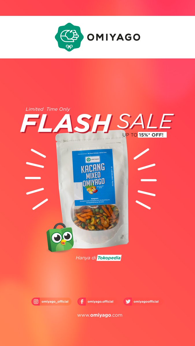 Hei Omiyago!, Kamu bisa menikmati Promo Disc 15% untuk produk Kacang Campur Omiyago di Tokopedia sekarang..! INGAT, promonya hanya berlangsung dalam waktu yang terbatas yaitu sampai pukul 17:00 hari ini. bit.ly/3krUT95