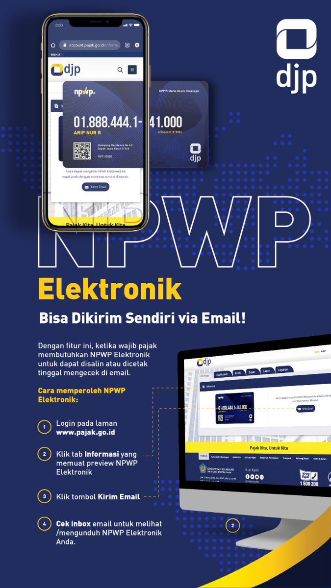 DitjenPajakRI's tweet photo. NPWP #KawanPajak udah buluk? Pengen ganti yang elektronik?

Sekarang NPWP Elektronik bisa dikirim ke email, lho. Caranya gampang banget! 

Nih, Taxmin kasih tahu👇🏻 https://t.co/2TIg1XxaaP